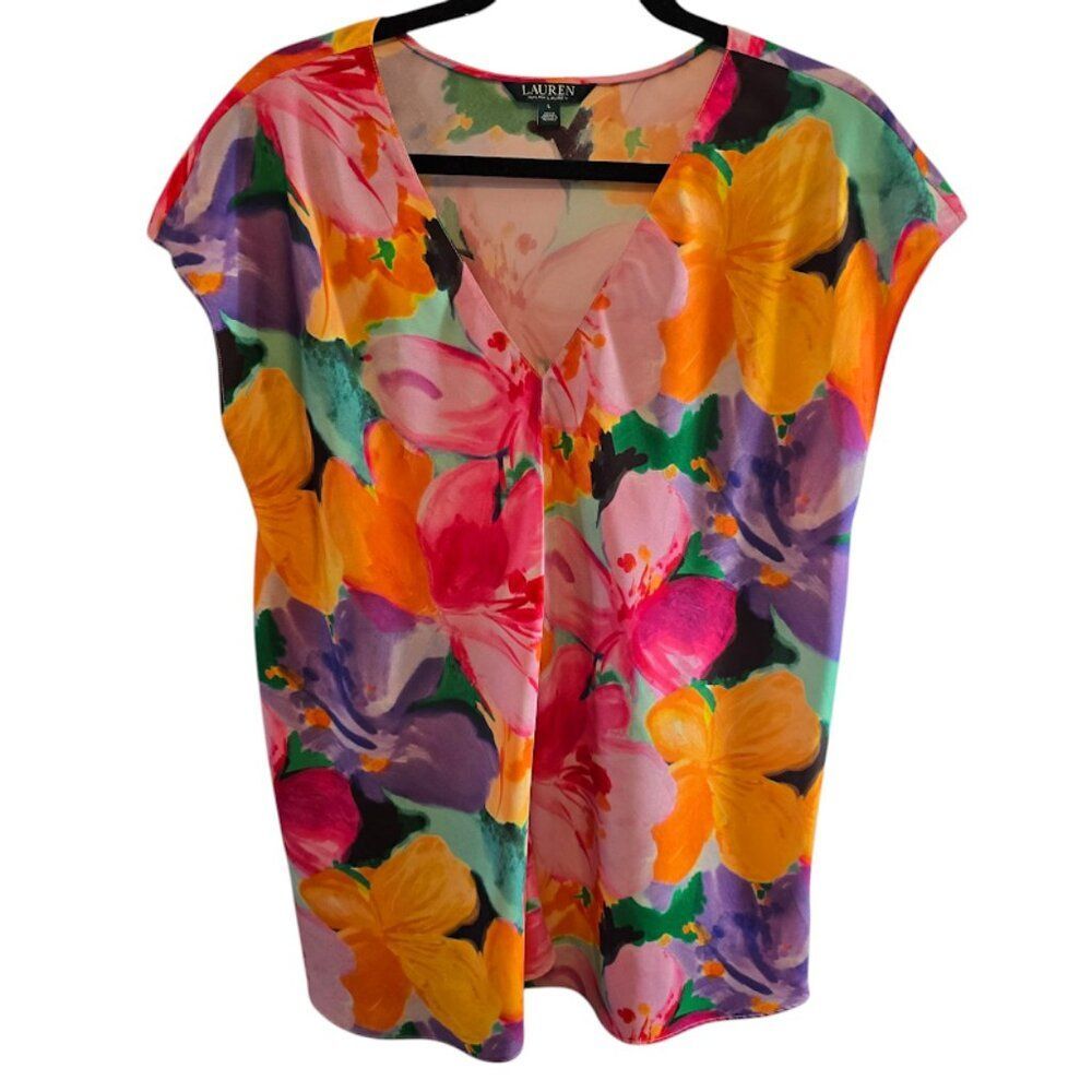 LAUREN RALPH LAUREN SIZE LARGE FLORAL A-LINE SWING TOP VNECK EASY CARE